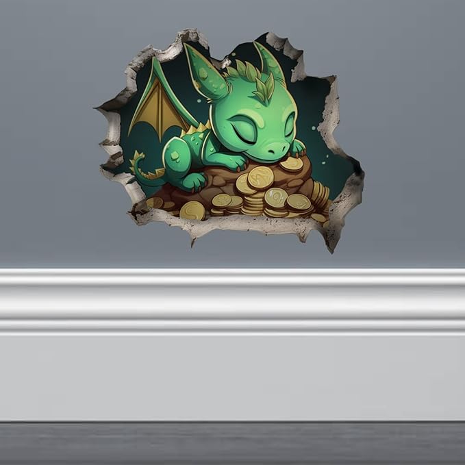 Sleeping Dragon Cute Hole in Wall Kids Sticker - Funny Hole in Wall 3D Prank Peel and Stick Sticker Decal - Premium Quality Vinyl Bumper Stickers 2-Pack | 5-Inch on Widest Side | Made in USA FHJ1378