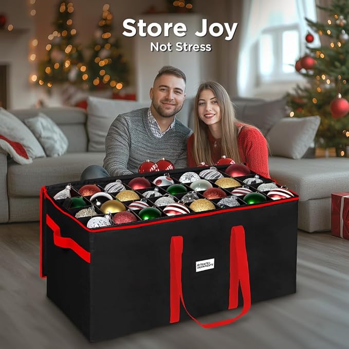 Christmas Ornament Storage Container,Box Stores Up to 128-3 inch ornaments, Adjustable Dividers, Large Organizer Bin to Protect and Store Holiday Décor - Black