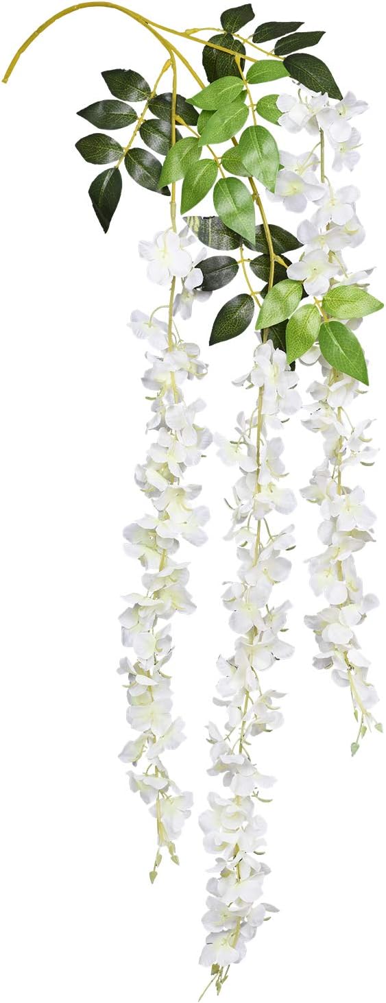 DearHouse 6 Pack Artificial Fake Wisteria Vine Ratta Hanging Garland, 3.75 Feet/Piece Silk Flowers String Home Party Wedding Decor (6PCS-Large White Wisteria)