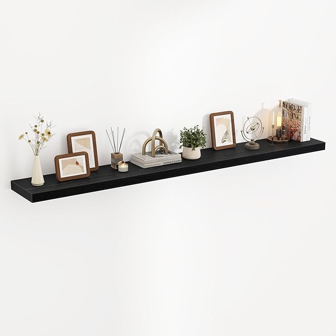 72 Inch Floating Shelves, 3D Textured Wood Grain, 72"x9.25"x1.5" Inch Deep Floating Shelves for Wall, Wooden Shelves for Bathroom, Bedroom, Living Room, Black, 1 Piece