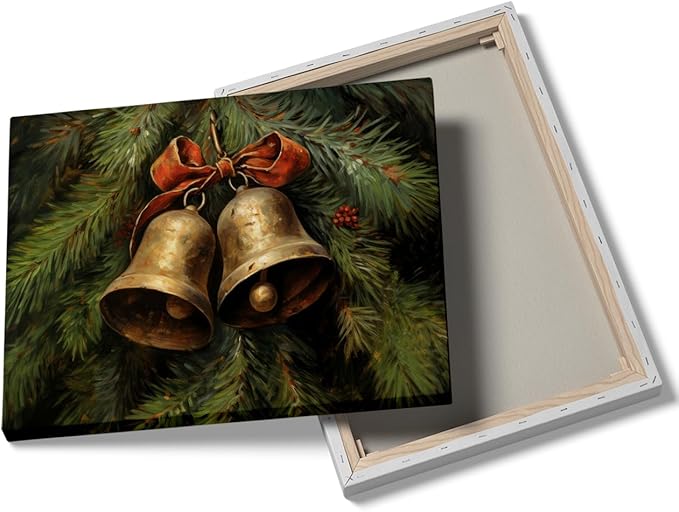 Victorian Country Christmas Art,Christmas Jingle Bells Wall Art,Brass Bells Poster,Winter Still Life Print,Christmas Oil Painting,Christmas Living Room Fireplace Office Decor12x16inch Framed Art