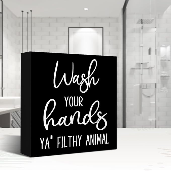 LVQHI Funny Bathroom Wooden Box Signs,Wash Your Hands YA' Filthy Animal Wood Block Sign for Bathroom Shelf Toilet Restroom Home Tabletop Desk Decor,Rustic Toilet Plaque Decor