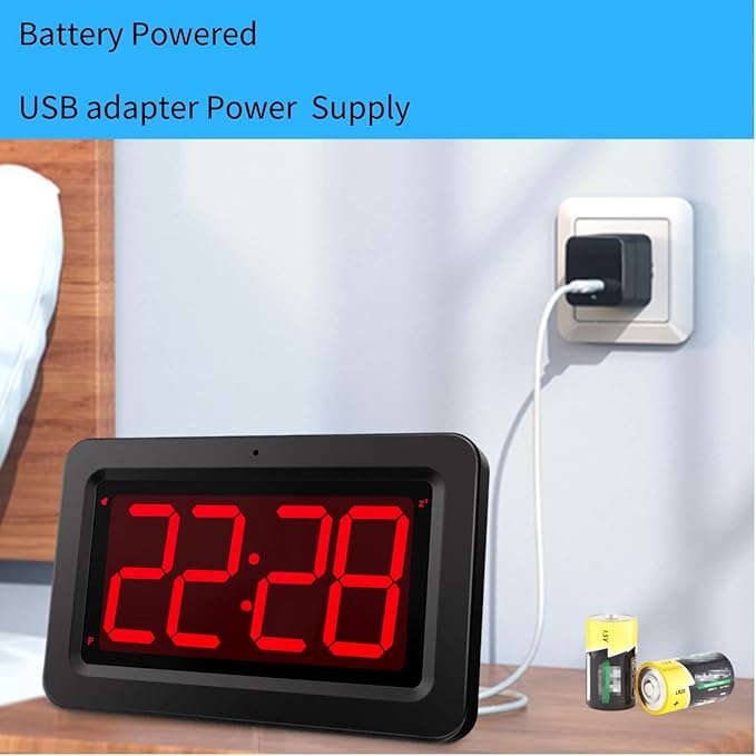 Digital Wall Clock, 3,2'' Led Large Display Alarm Clock, 2-Level auto dimming, 2 Ways of Power (USB or Battery), 2 D Cell Batteries Last About 12 Months，for Bedroom
