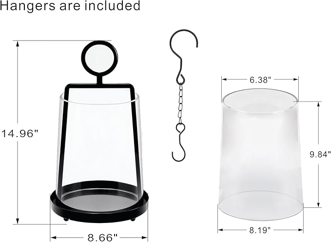 9" Wide Modern Farmhouse Metal Hurricane Candle Holder with Handmade Sturdy Glass Sleeve in Black for Pillar Candle & Plants, Glass Hurricane Lantern, Industrial, Minimalistic