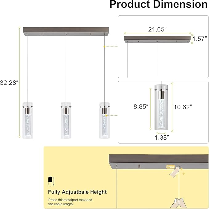 Pendant Lights Kitchen Island with Remote Control, Dimmable Brushed Nickel & Clear Cylinder, Adjustable Height Kitchen Pendant Lights, Island Lights for Kitchen, Modern Lighting Fixture