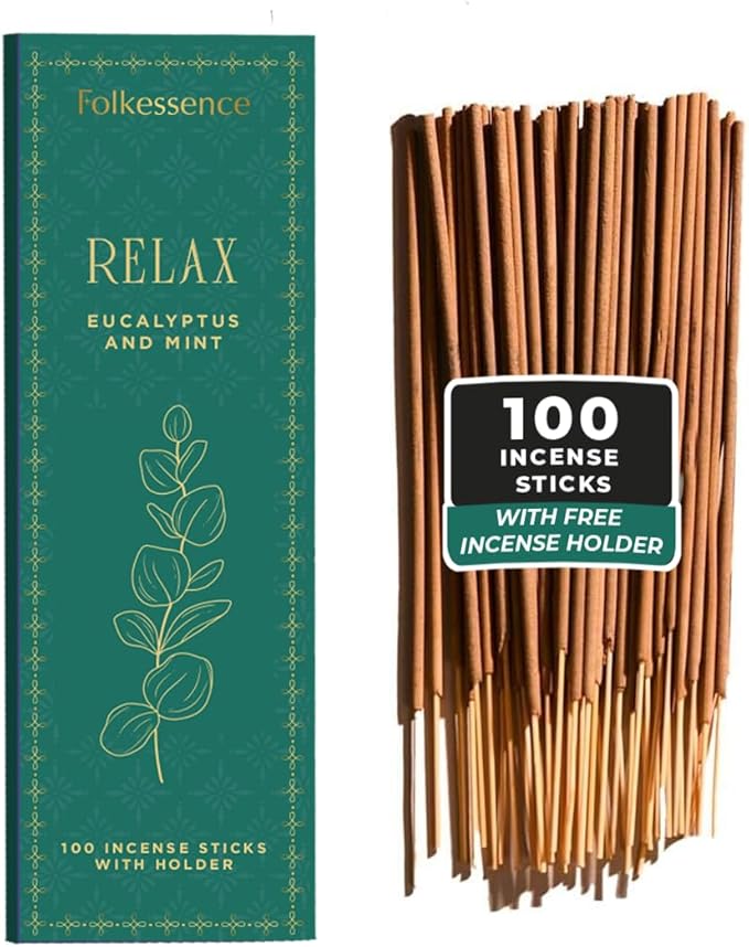 Folkulture Incense Sticks | Set of 100 Insence-Sticks with Holder for Relaxation | Eucalyptus & Mint Incense | Organic, Slow Burning & Non Toxic Inscents for Women