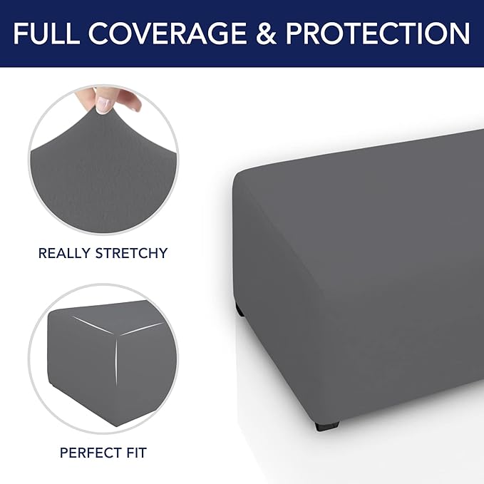 PureFit Super Stretch Soft Form Fit Ottoman Cover Rectangle - Ottoman Slipcovers for Foot Stool & Folding Storage Furniture for Living Room with Nonslip Elastic Bottom (Medium, Gray)