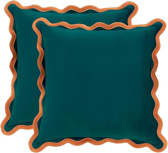 MONDAY MOOSE Decorative Throw Pillow Covers Cushion Cases, Set of 2 Soft Velvet Scalloped Wavy Edge Designs, Mix and Match for Home Decor, Pillow Inserts Not Included (22x22 inch, Coral/Dark Teal)