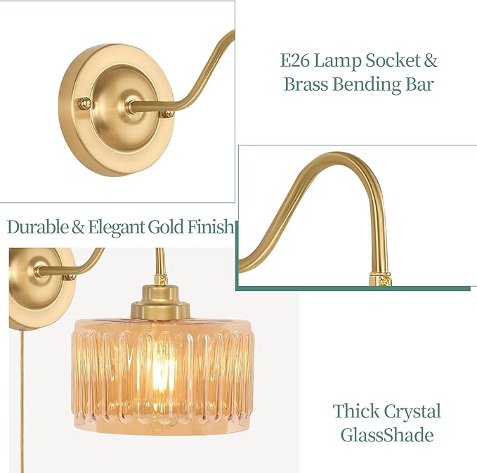 Vintage Plug in Wall Sconces,Dimmable Wall Sconces of Two,Wall Lamps with Plug in Cord & Flower Glass Lampshade,Gold Sconces Wall Decor Set of 2 Wall Lights Sconces for Bedroom