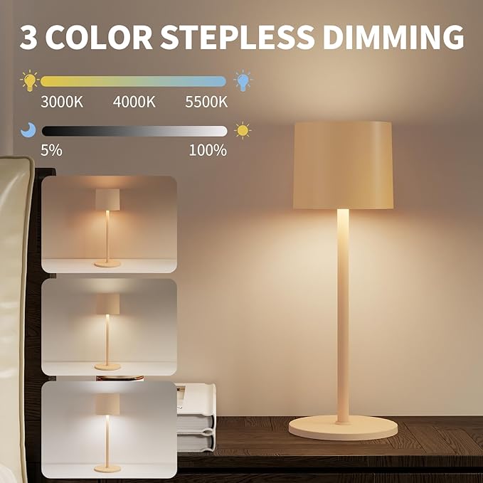 2-Pack Cordless Table Lamp, Portable LED Desk Lamps, 4400mAh Battery Powered Wireless Table Light, 3 Color Stepless Dimming Up,for Restaurant, Bedroom, Outdoor Camping, Night Light (Sand)