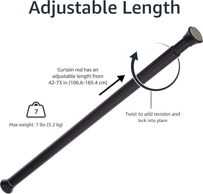 Amazon Basics No Drill Easy Install Sturdy Shower Curtain Tension Rod, Adjustable Length, 42-73", Black