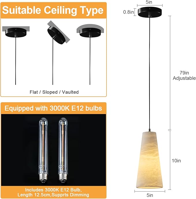 Alabaster Pendant Lights Kitchen Island,White Pendant Light Set of 2, Marble Shade Black Cone Lighting Fixtures for Bedroom Bathroom Dining Room Living Room H-10in (Bulbs INCL)