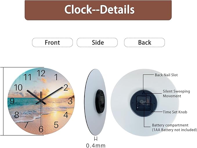 Beach Coastal Wall Clocks Battery Operated Analog Round Wall Clock for Living Room Decor 14 Inch Blue Glass Silent Wall Clock