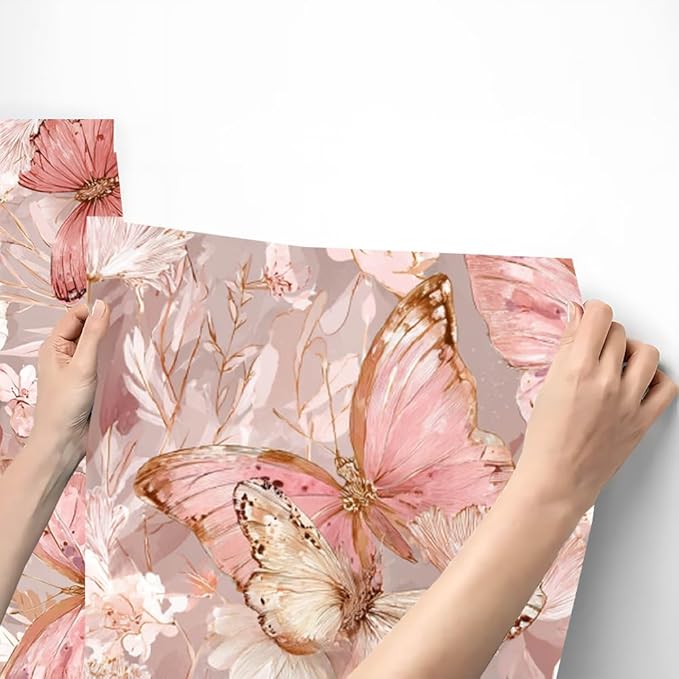 Removable Peel and Stick Wall Stickers 39.37x15.75 Inch Soft Pink Butterfly Floral Artwork Elegant Modern Botanical for Bedroom Nursery Living Room Decor