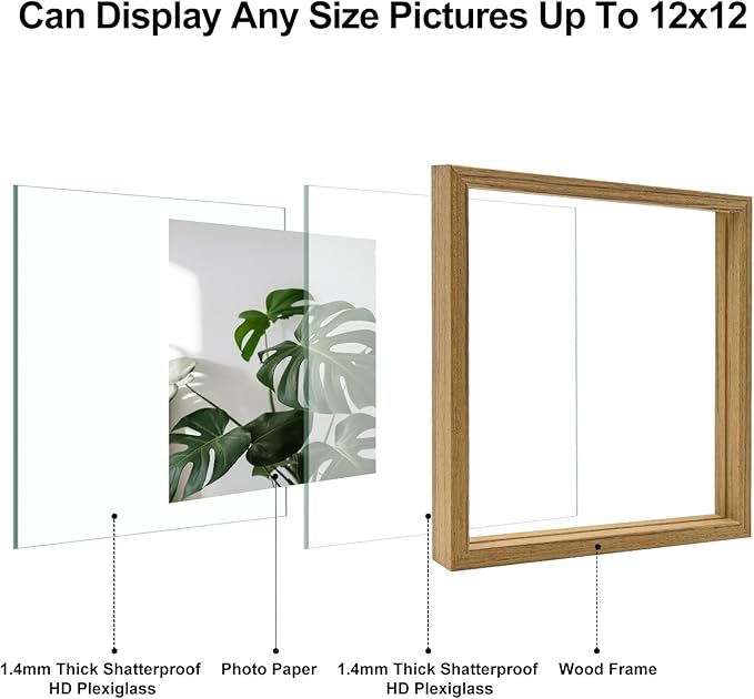 Egofine 12x12 Floating Frames Set of 2, Double Plexiglass Picture Frame, Made of Solid Wood Display Any Size Photo up to 12x12, Wall Mount or Tabletop Standing,Carbonized