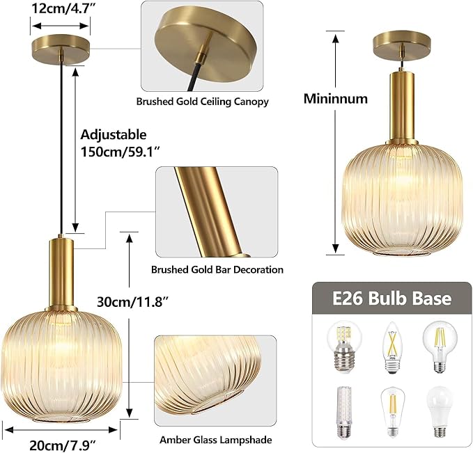 KCO Lighting Amber Glass Globe Pendant Light Mid Century Modern Kitchen Island Pendant Lighting Gold Single Pendant Light Fixture Vintage Brass Hanging Ceiling Light for Living Room Dining Room