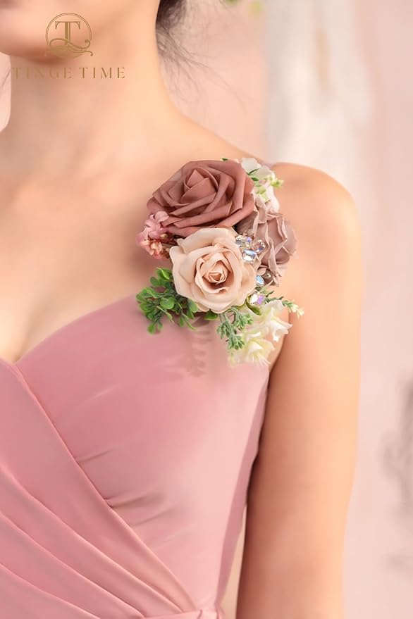 TINGE TIME Artificial Shoulder Corsages Flowers, Set of 2, Mother of The Bride Floral Corsage for Wedding Ceremony Anniversary Formal Dinner Party (Dusty Rose)