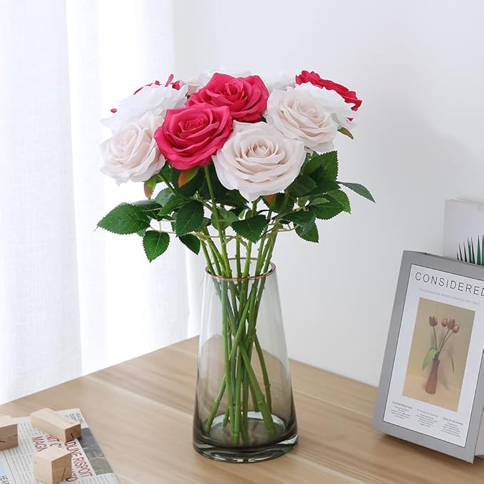 Artificial Rose 10pcs Open Flower Bouquet Faux Rose Stems for Wedding Arrangement, Bridal Bouquet, Centerpiece, Fake Faux Silk Flowers (Nude)