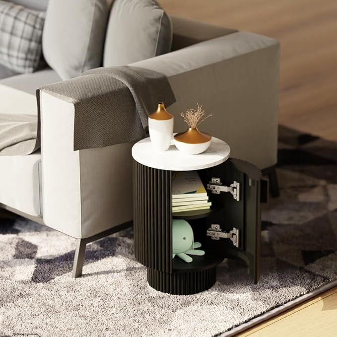 Relso Athena Marble Side Table with Stylish Round White Marble Top | Black Ribbed Base End Table Marble Offers Stability | Compact Design Small Accent Table Ideal for Drink Table
