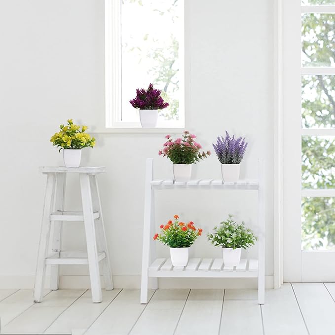 6pcs Artificial Pot Flowers Small Fake Plants with Pot Mini Potted Plants for House Office Tabletop Decoration
