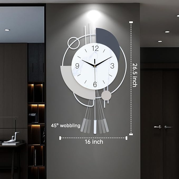 Decorative Wall Clock with Pendulum, Silent Quartz Non-Ticking Battery Operated, Large Wall Clocks for Living Room Kitchen Home Bathroom Bedroom - 16x26.5in(White)