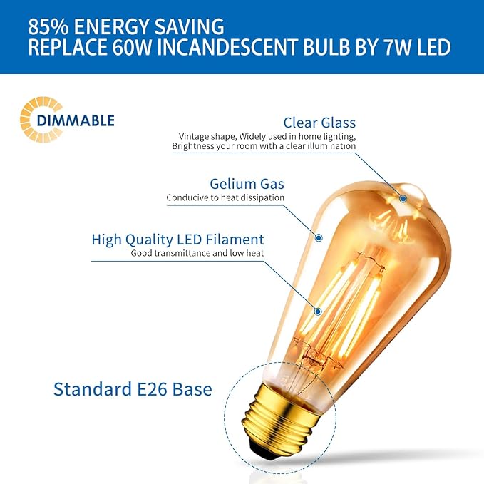 ANWIO Vintage Edison Light Bulb ST21 LED Filament Bulb 7W(60 Watt Equivalent) Dimmable 2500K (Amber Glow) Warm White E26 Medium Base, Amber Glass Cover,12 Pack