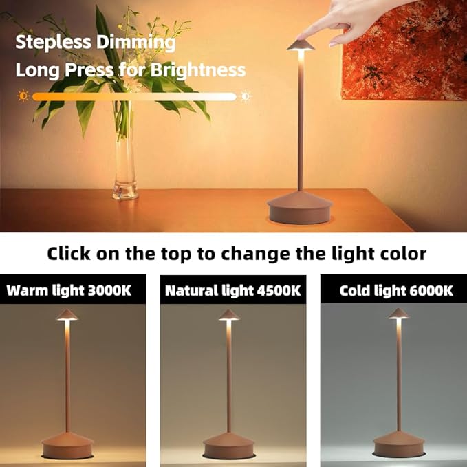 Cordless Table Lamp Desk lamps, 6000mAh Rechargeable Table Lamps, Portable LED Touch Lamp, Outdoor Battery Operated Dimmable Cordless Rechargeable Table Lamps for Restaurant/Patio (1 Pcs Brown)
