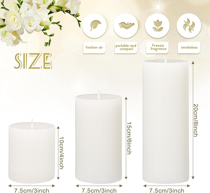 Ribbed Pillar Candles Set of 3, Width 3" High 4" 6" 8" Large Soy Wax Orchids Scented Pillar Candles Aesthetic Ribbed Modern Home Decor for Bathroom Living Room(White)