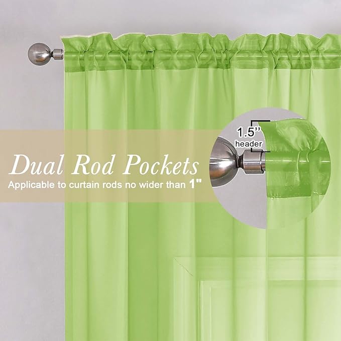 Lecloud Lime Sheer Curtains for Living Room 90 Inches Long 2 Panels, Solid Color Voile Light Filtering Airy Living Room Curtains, Dual Rod Pockets Soft Drapes for Bedroom, Each Panel 42" W x 90" L