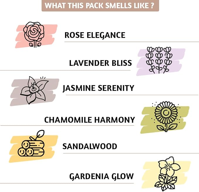Folkulture Incense Sticks with Holder– Set of 6 (120 Sticks) | Organic, Non-Toxic, 45-Mins Burn Time | Sandalwood, Lavender, Rose, Chamomile & Jasmine Floral Insence- Sticks for Home & Room Fragrance