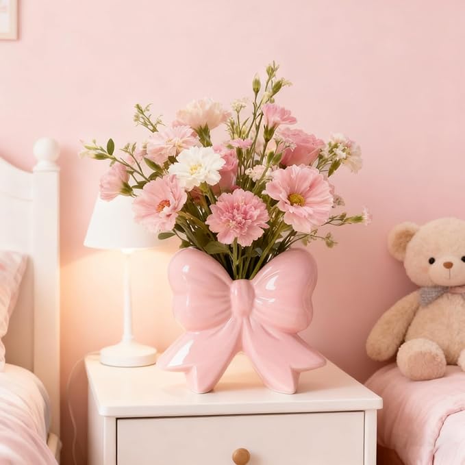 Pink Ceramic Bow Vase for Centerpieces Minimalist Farmhouse Vase Flower Vase Modern Home Decor Vase Cute Decorative Vase Flowers Tulip Pampas Grass Vase for Table Bathroom Shelf