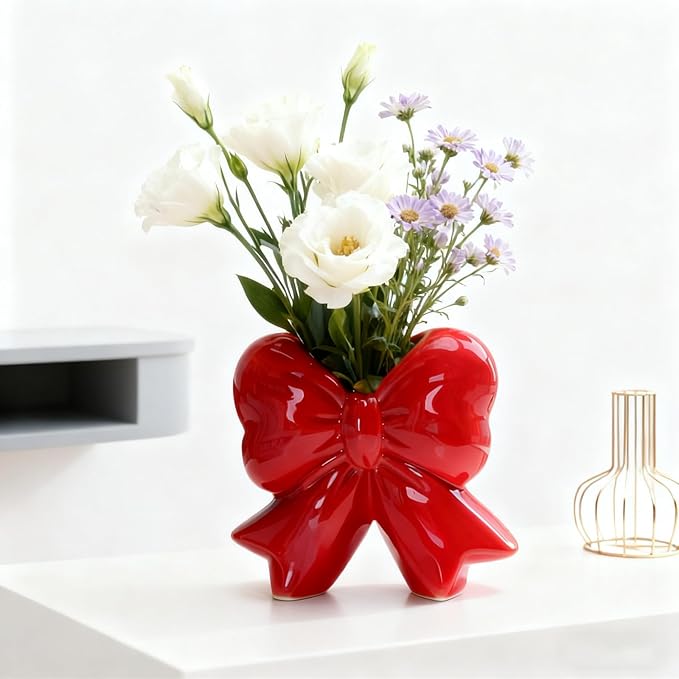 Bow Vase Red Ceramic Vase Minimalist Farmhouse Flowers Tulip Pampas Grass Flower Modern Home Bow Decor Cute Decorative for Table Bathroom Shelf