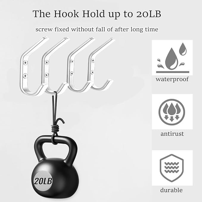 Wall Hooks for Hanging Coats - 5 Pack Double Hook Design, Hat Organizers, Wall Mount Hangers for Bags and Keys, Perfect for Garage, Workshop, Entryway, Closet, and DIY Projects (Silver)