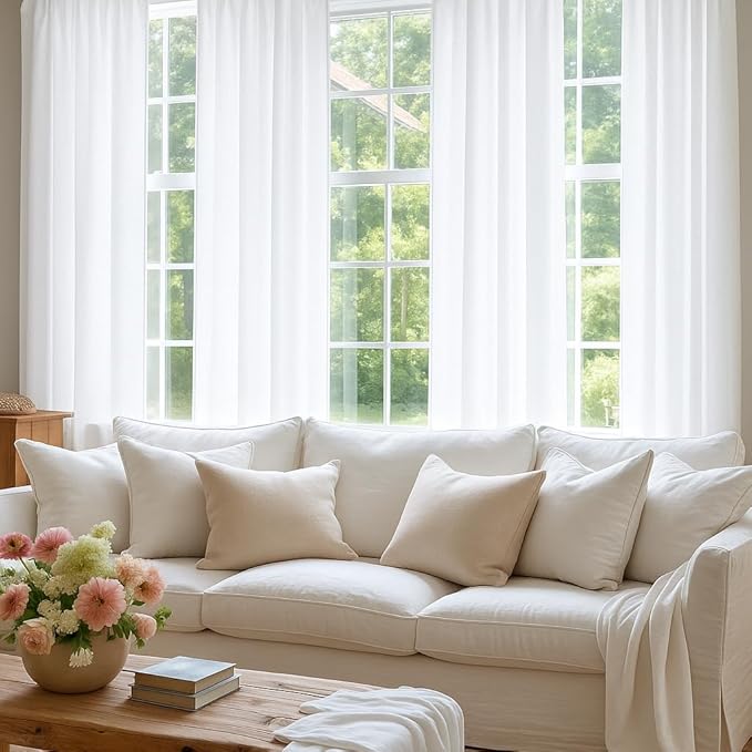 HOMEIDEAS White Semi Sheer Curtains 63 Inches Long, Light Filtering Privacy Sheer Non-See-Through Curtains Wave Jacquard Drapes for Living Room Modern Farmhouse Bedroom Decor, 52 X 63 Inch, 2 Panels