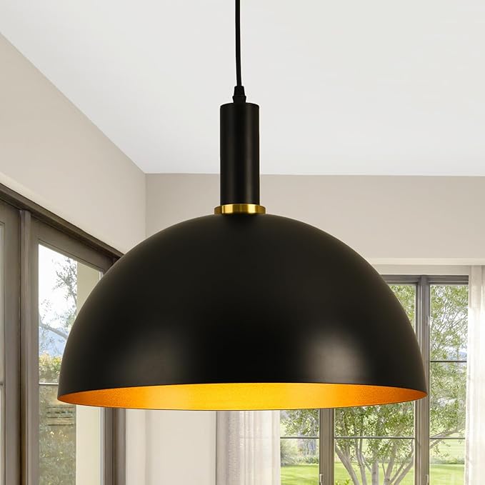 17.72" Large Pendant Lights Kitchen Island, Black and Gold Dome Pendant Lights, Modern Farmhouse Adjustable Black Industrial Metal Hanging Pendant Lightingfor Kitchen Island, Dining Room, Cafe, Bar