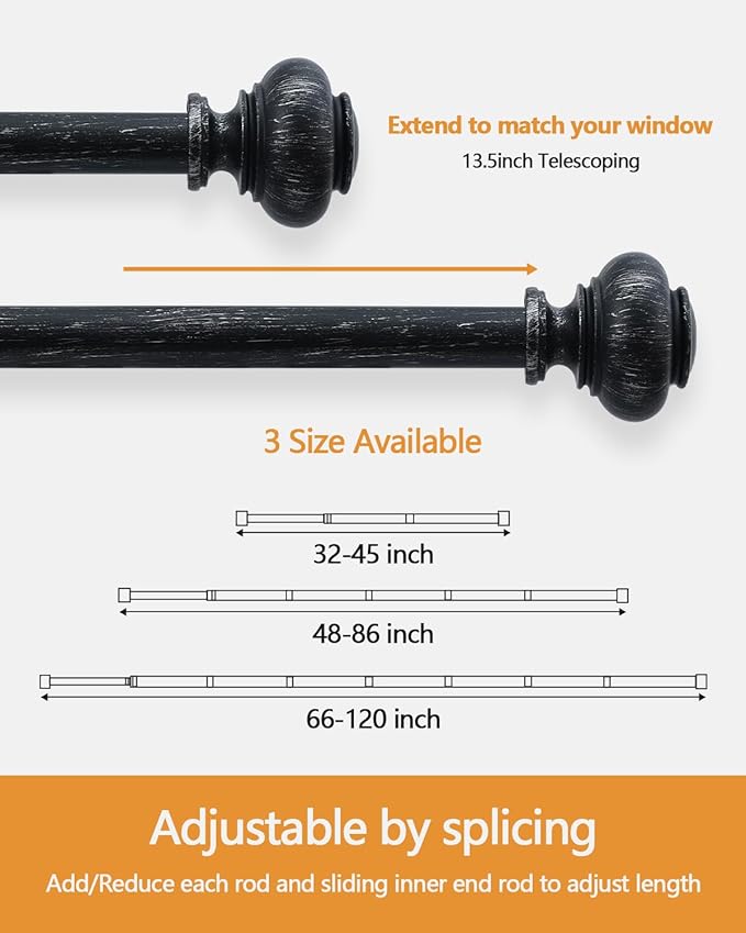 Black Curtain Rods for Windows 66 to 120 Inch,1'' Diameter Heavy Duty Curtain Rod Adjustable Decorative Boho Drapery Rods for Farmhouse Rustic Living Room Bedroom