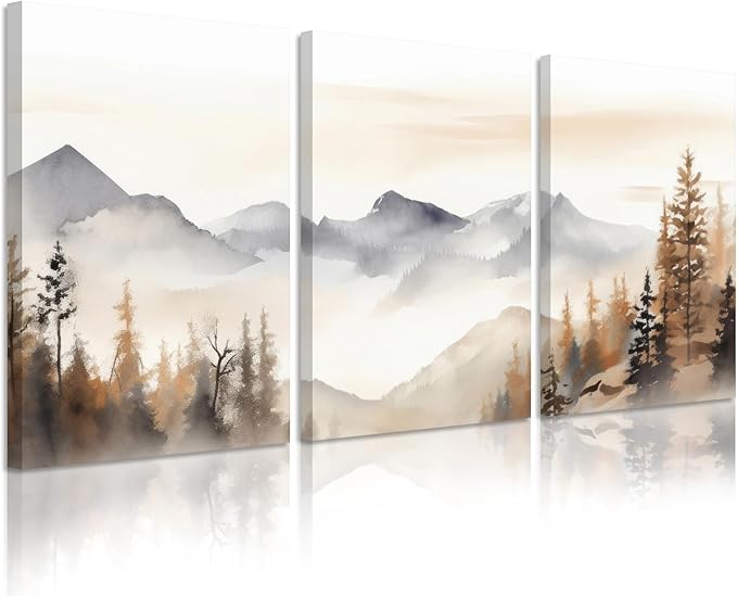 Neutral Mountain Wall Art Decor Set of 3 Forest Canvas Wall Art Poster Landscape Wall Art Artwork Modern Pictures Abstract Painting Watercolor Prints for Living Room Bedroom 16x24 Inch Wrapped Canvas