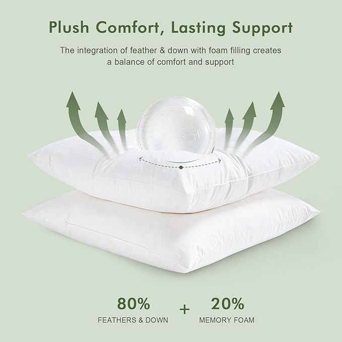 Feathers Down Throw Pillow Inserts 24x24, Set of 2, 100% Organic Cotton Shell, Soft Decorative Square Pillow Insert for Living Room Sofa, Couch, or Bed (White)