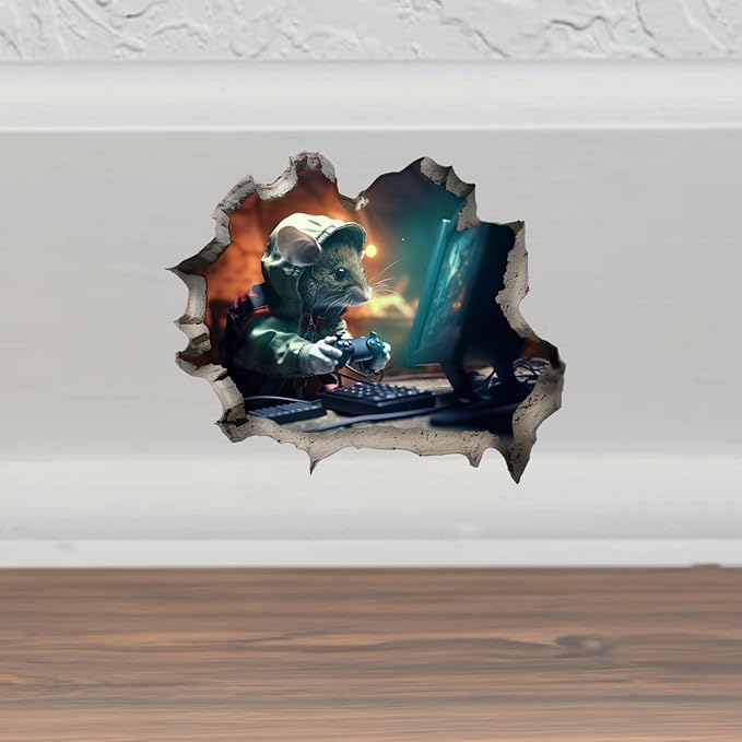 Mouse Playing Video Games Hole in Wall Sticker - Funny Hole in Wall 3D Peel and Stick Sticker Decal for Teen Dorm - Premium Quality Vinyl Stickers 2-Pack | 5-Inch on Widest Side | Made in USA FHJ1384