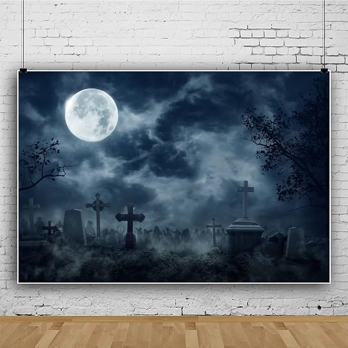 Haoyiyi 7x5ft Dark Graveyard Backdrop Mystery Misty Halloween Full Moon Creepy Tombstone Photography Background Kids Adult Portrait Magic Witch Wizard Sorcerer Ghost Themed Party Banner Photo Props