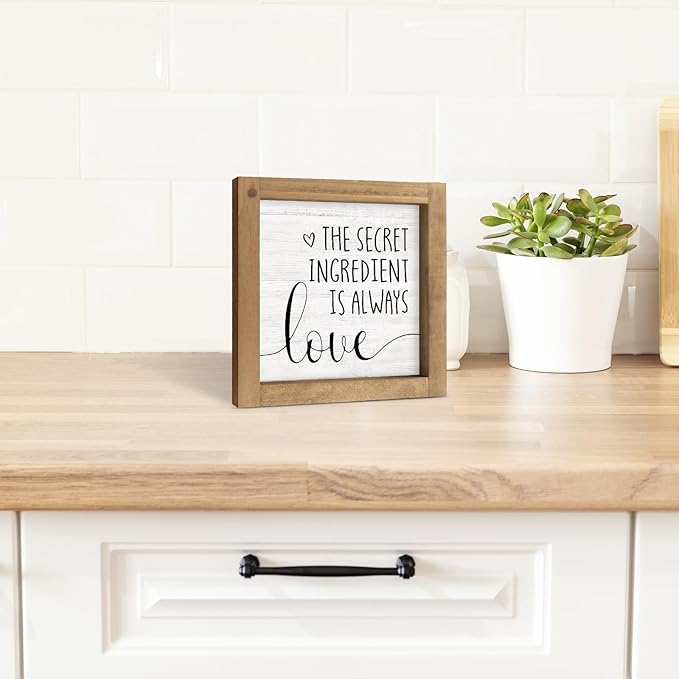 6 Inch Kitchen Sign Decor, Rustic Wooden The Secret Ingredient Is Love Sign, Kitchen Decor for Counter Table Shelf Desk Farmhouse Indoor