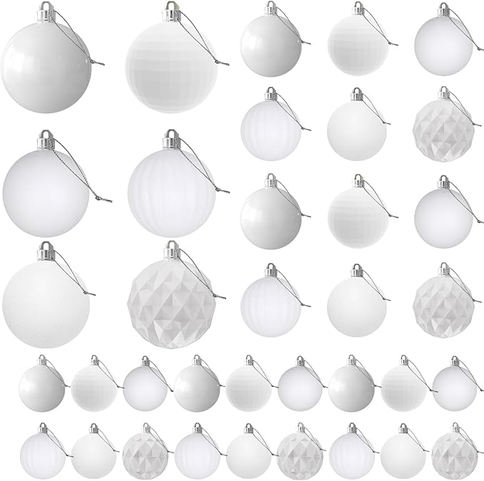 White Christmas Ornaments - Christmas Tree Decorations Shatterproof Hanging Balls for Birthday Wedding Holiday Decor Set of 36pcs, Multi-Sizes(1.6",2.5",3.2")