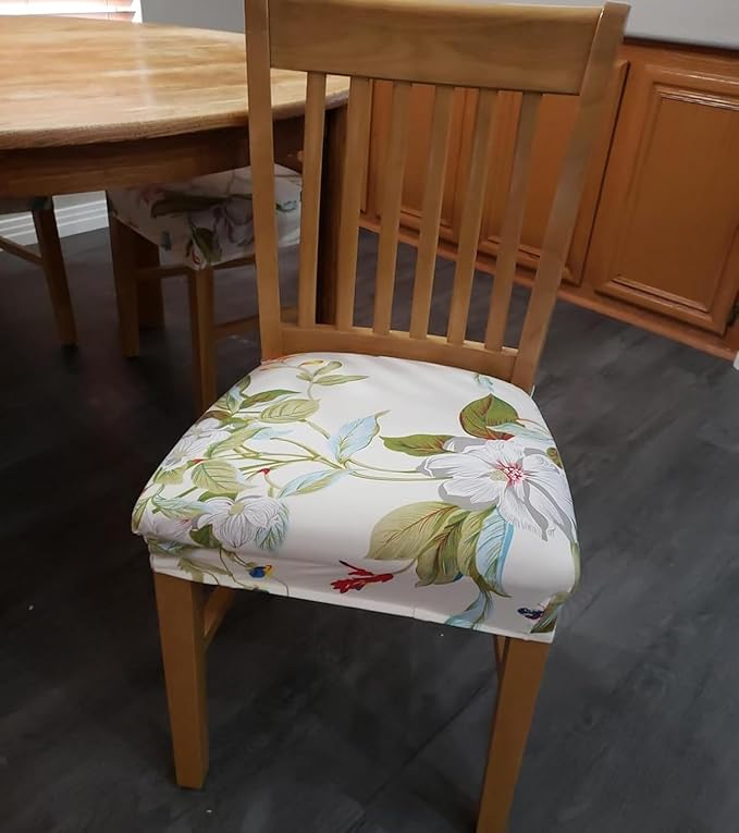 SearchI Stretch Dining Chair Seat Covers Set of 6, Soft Removable Washable Seat Covers for Dining Chairs, Dining Room Seat Cover Slipcover Protector (Rear-Covered, Beige Flower)