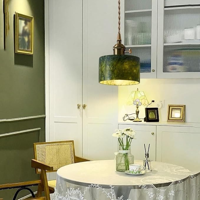 Modern Green Jade Stone Pendant Light Nordic Minimalist Pendant Lamp Cylindrical Hanging Lamp for Dining Room Kitchen Island Bar Bedside Lighting