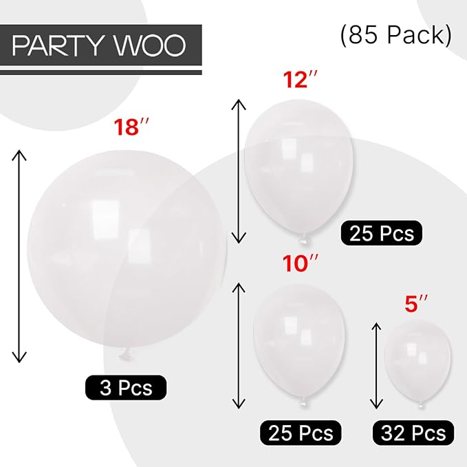 PartyWoo Clear Balloons 85pcs Different Sizes of 18 12 10 5 Inch Transparent Balloon Arch Kit for Graduation Wedding Baby Shower Bridal Shower Anniversary Birthday Party Decorations Clear-Y2