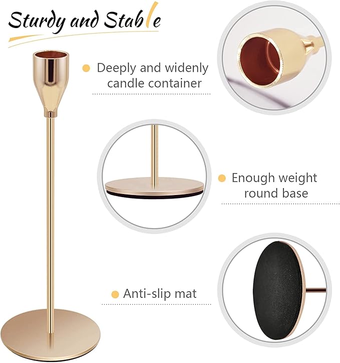 Gold Candle Holders Set of 3 Taper Candlestick Holders Vintage Metal Brass Modern Tall Pillar Mantle Candle Stand Decorative Candle Sticks Long Holders for Table Centerpiece Wedding Party Dinning