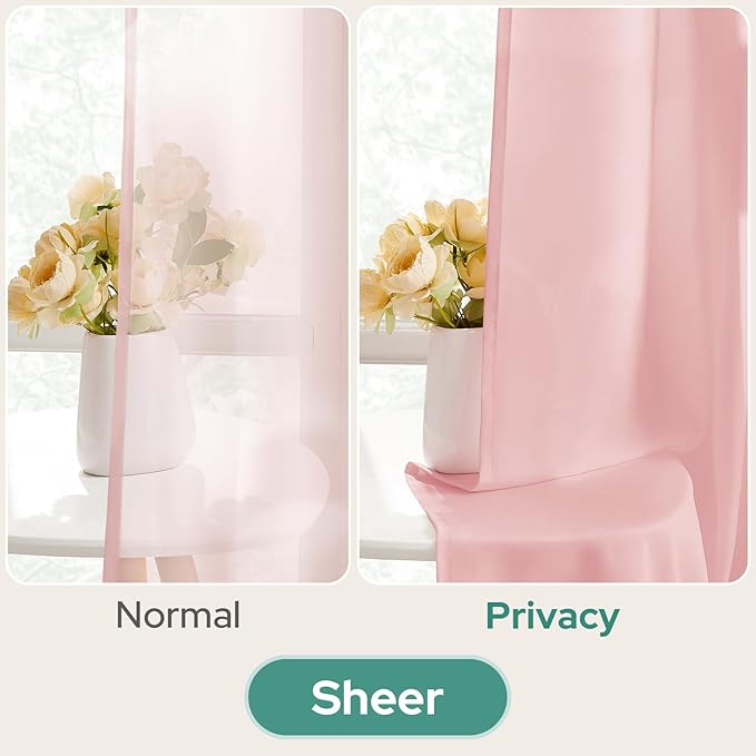 HOMEIDEAS Non-See-Through Pink Privacy Sheer Kitchen Curtains 36 Inches Long 2 Panels Set Light Filtering Curtains for Living Room Bedroom Drapes,W30xL36
