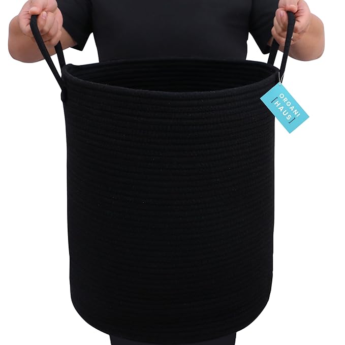 OrganiHaus Large Black Woven Laundry Basket w/Handles 52L, Rope Dirty Clothes Hamper, Blanket Basket for Living Room, Baby Laundry Hamper for Nursery, Soft & Durable Decorative Organizer Bin
