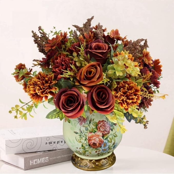 Artificial Fall Flowers, 4 Bundles Autumn Faux Flower Arrangements, Silk Roses Bouquets for Fall Decor, Home Decor, Table Centerpieces, Thanksgiving Decorations (Fall Color, 4 Bundles)