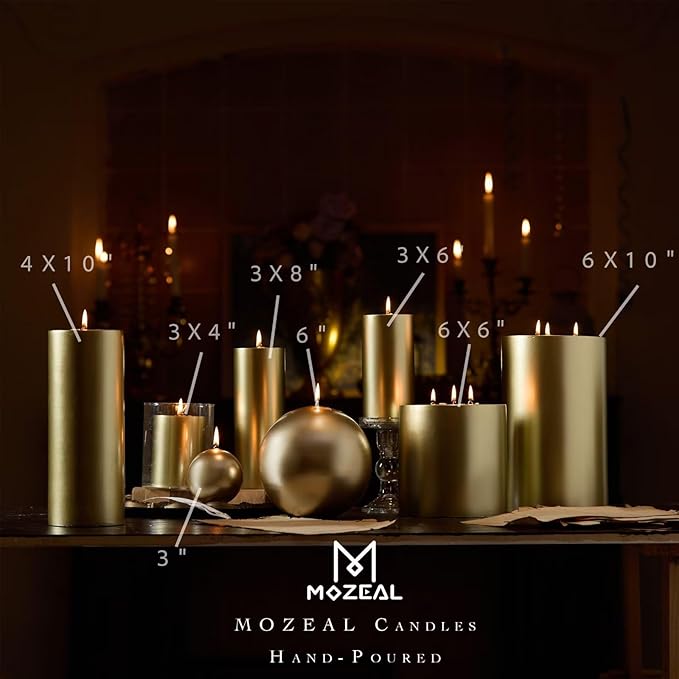 MOZEAL 3" x 8" Hand-Poured Unscented Large Candle,Smokeless Rustic Pillar Candle Set of 2,Slow Burn,No Drip,Approx 150 Hours Burning,Wedding,Dinner,Christmas and Home Decorative,Tall Gold Candle